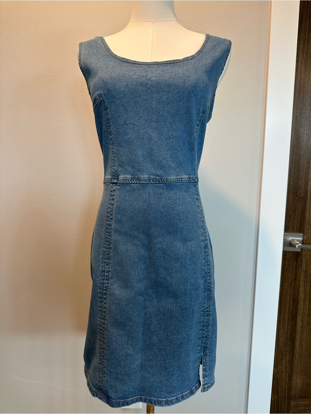 Blue Denim Midi Dress - Sleeveless Scoop Neck